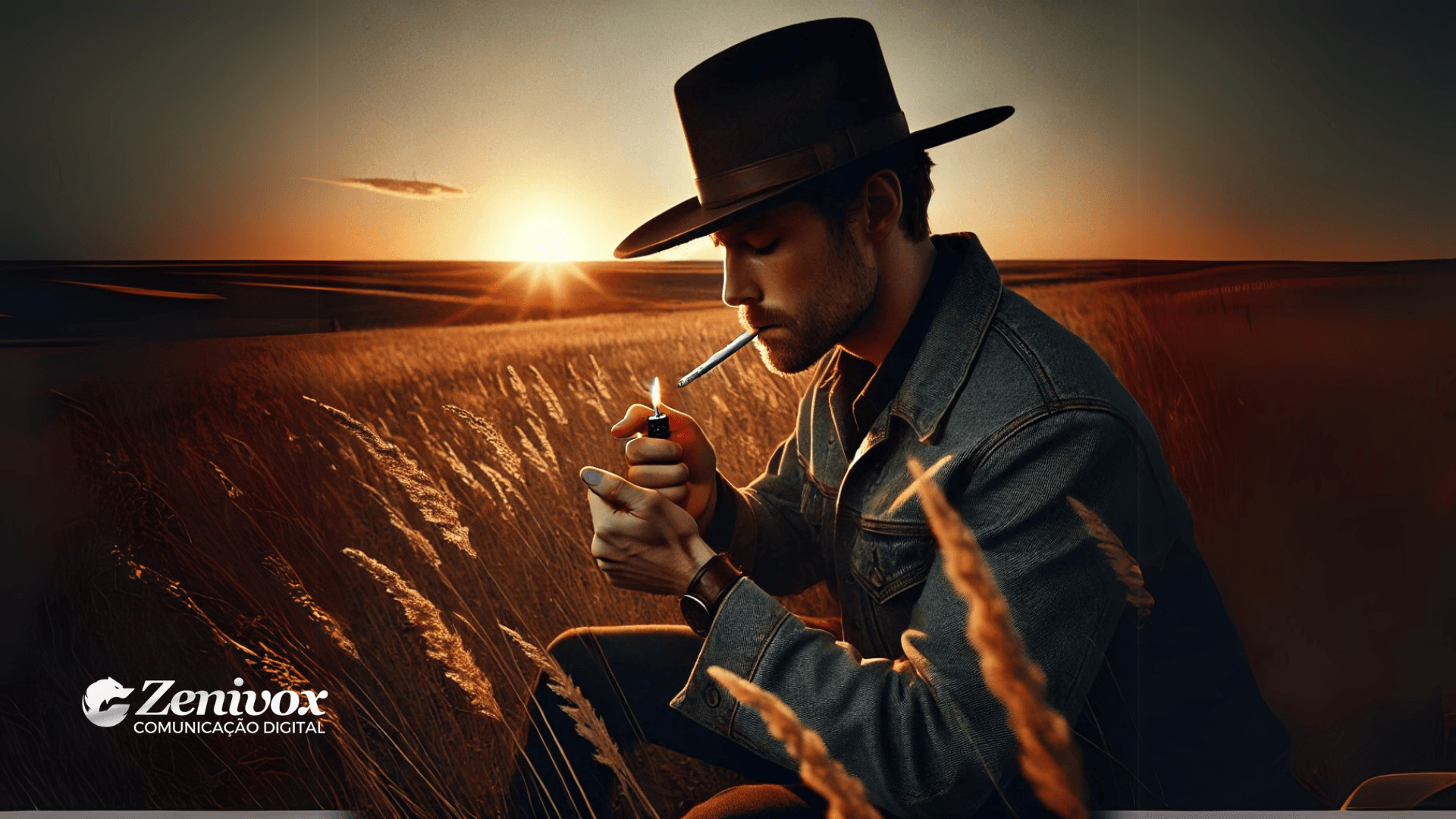 Um homem com chapéu de cowboy, usa jaqueta jeans, acende um cigarro em um campo de trigo ao pôr do sol. A imagem remete ao estilo icônico do Machão da Marlboro, evocando um sentimento de liberdade e masculinidade clássica, conectando-se ao conceito de marketing direcionado.
