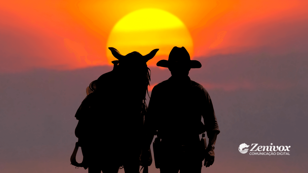 Silhueta de um cowboy e seu cavalo ao pôr do sol, evocando uma ideia de jornada, estratégia e transformação. A imagem simboliza a importância do direcionamento estratégico de marketing para otimizar recursos e gerar impacto significativo.