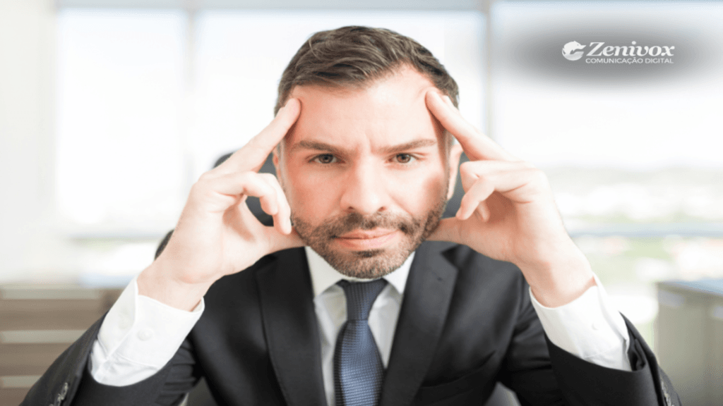 Homem de terno preto em um escritório, com expressão pensativa e dedos na lateral da cabeça, simbolizando foco e reflexão sobre como melhorar a produtividade e alcançar metas em vendas.