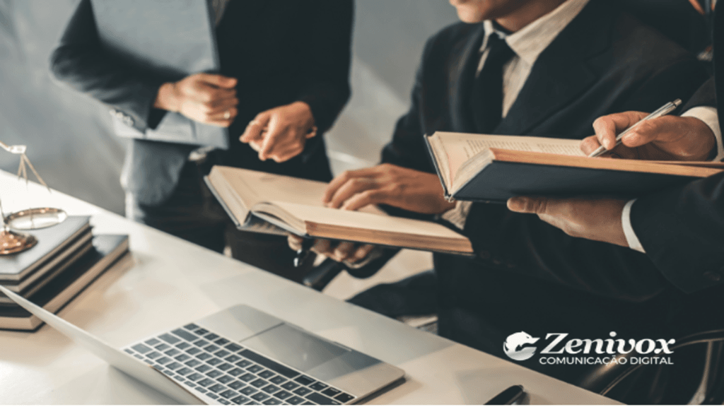 Advogados em um escritório discutindo e analisando documentos jurídicos com livros, laptop e balança de justiça sobre a mesa. A imagem reflete a combinação de práticas tradicionais e modernas na gestão da reputação online por meio das redes sociais. O logotipo da Zenivox Comunicação Digital está presente, sugerindo a importância da comunicação digital para profissionais jurídicos.