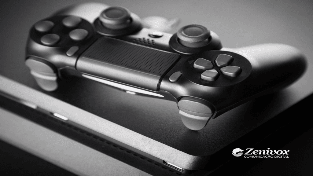 Um controle moderno de PlayStation em destaque sobre um console, representando o impacto das estratégias empresariais e a liderança da Sony no mercado de videogames com o lançamento estratégico de seu console.