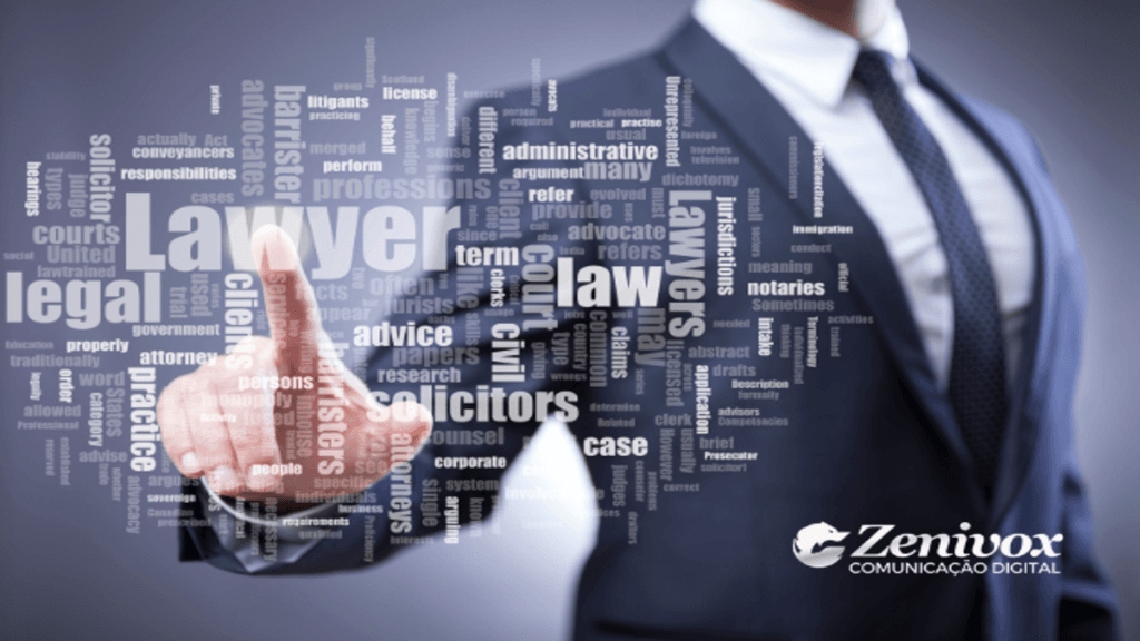 Um advogado em traje formal apontando para uma nuvem de palavras relacionadas ao campo jurídico, como "advogado", "legal", "clientes", e "tribunal". A imagem simboliza o trabalho estratégico e constante necessário para gerenciar a decisão online, com foco em construir uma imagem profissional e confiável. O logotipo da Zenivox Comunicação Digital está presente, destacando a relação entre comunicação digital e o mercado jurídico.