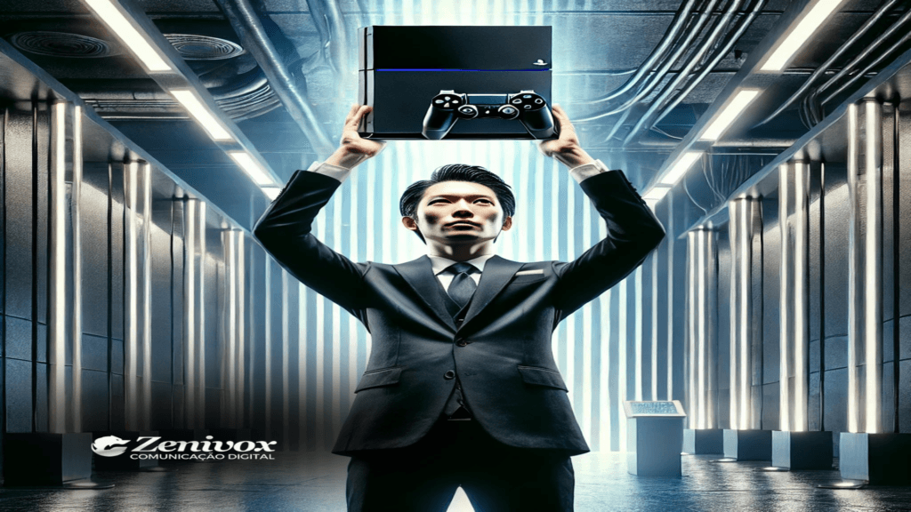 Homem em trajetória formal segurando um console PlayStation acima da cabeça em um ambiente corporativo futurista, simbolizando a superação de desafios e a conquista de oportunidades através de estratégias empresariais bem-sucedidas.