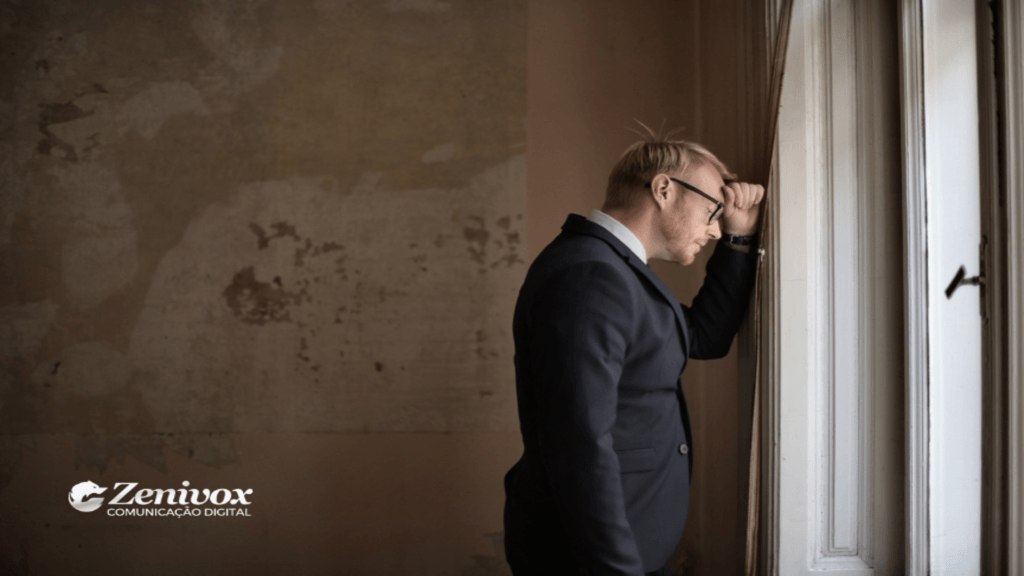 Vendedor olhando pela janela, demonstrando expressão pensativa. Simbolizando como contornar objeções depois que o cliente diz “vou pensar”. O ambiente é vintage, com paredes desgastadas, representando reflexão e indecisão no contexto de vendas e objeções.