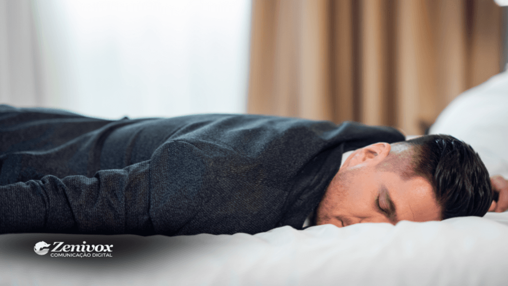 Homem de terno escuro deitado em uma cama, descansando tranquilamente, simbolizando o conceito de venda mais enquanto dorme. Logotipo da Zenivox Comunicação Digital no canto inferior esquerdo.