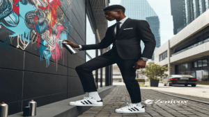 Homem vestido com terno preto, camisa branca e gravata, usando tênis Adidas, pintando um mural colorido com tinta spray em uma parede urbana. A cena se passa em um ambiente moderno, com prédios ao fundo. Simbolizando o que é branding.O logotipo da Zenivox não está no canto inferior direito.