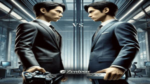 Duas figuras masculinas em trajes formais, posicionadas frente a frente em um ambiente corporativo moderno, segurando controles de videogame representando as marcas Sony e Nintendo. A cena simboliza estratégias empresariais divergentes.