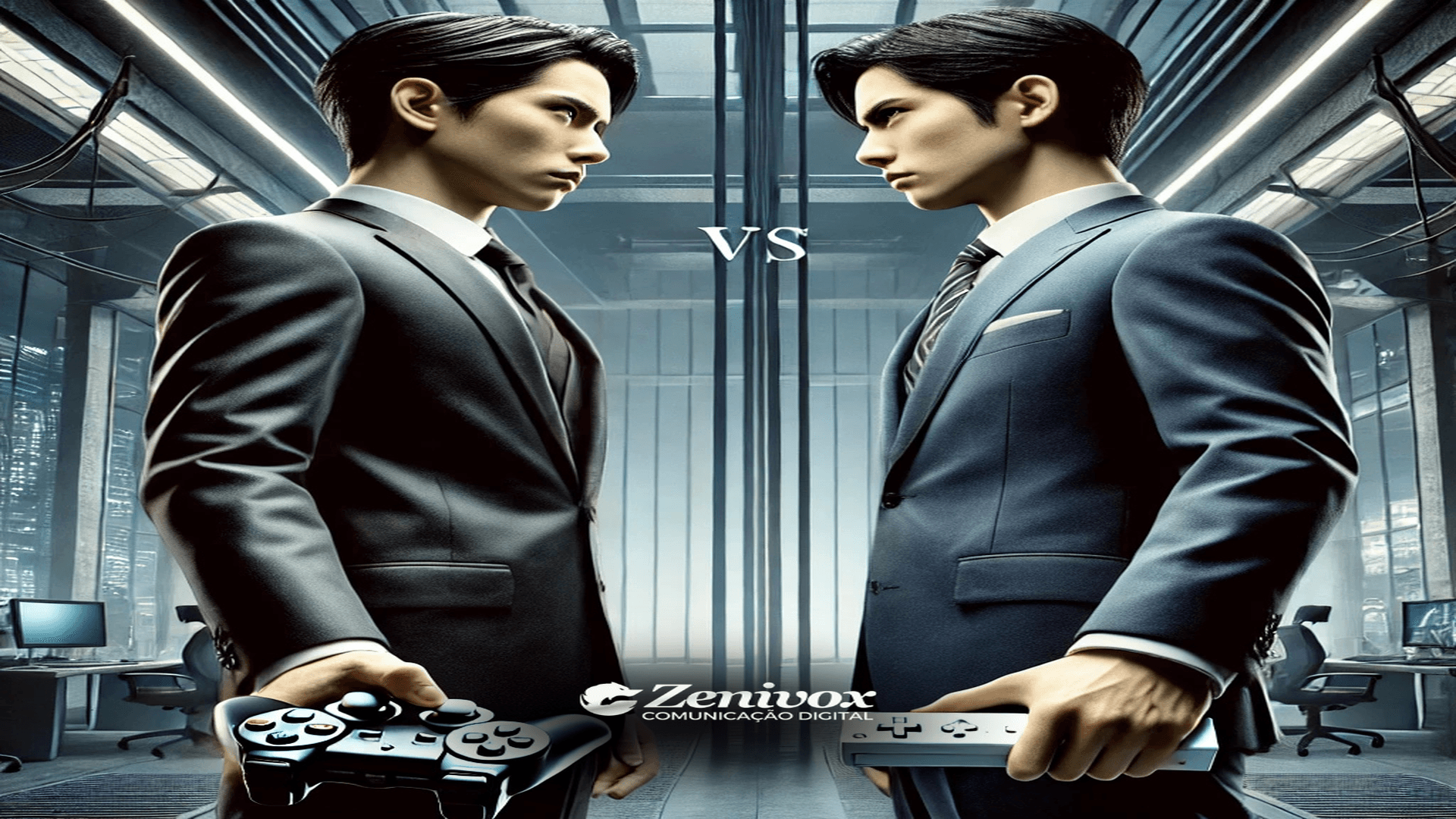 Duas figuras masculinas em trajes formais, posicionadas frente a frente em um ambiente corporativo moderno, segurando controles de videogame representando as marcas Sony e Nintendo. A cena simboliza estratégias empresariais divergentes.