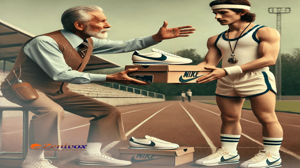 Cena retrô em uma pista de atletismo, onde um treinador veterano com aparência sábia entrega uma caixa de tênis da Nike para um jovem atleta. Ambos exibem conexão e inspiração, simbolizando a lição 1: Como empreender com sucesso- Marca única