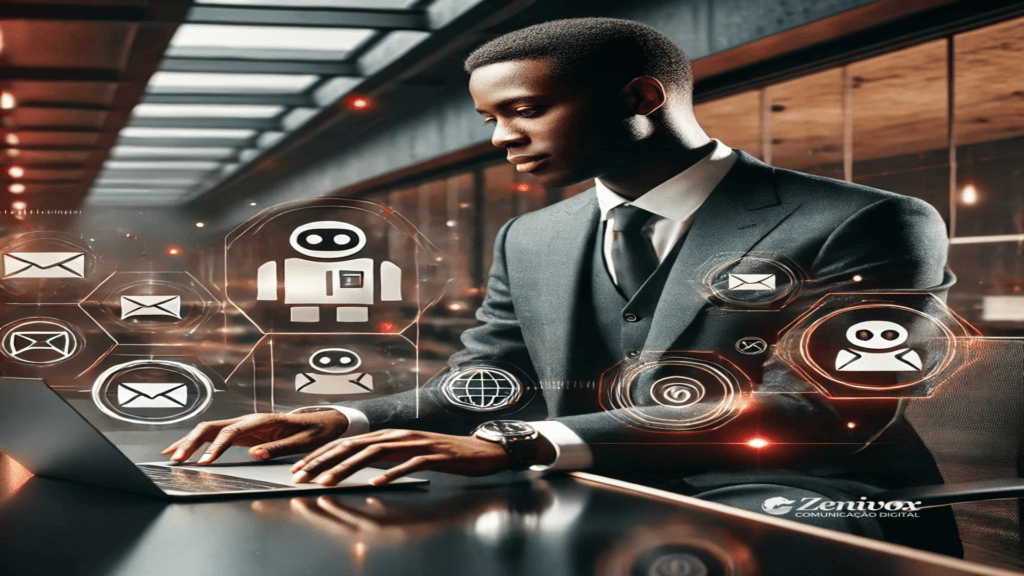 Profissional em um ambiente corporativo moderno utilizando um laptop, cercado por ícones digitais que representam ferramentas de comunicação, como chatbots, e-mails e redes globais. A imagem transmite a eficiência e integração de estratégias omnicanal para melhorar a comunicação com os clientes, com destaque para tecnologia e atendimento personalizado. No canto inferior direito, o logotipo da Zenivox Comunicação Digital é exibido.