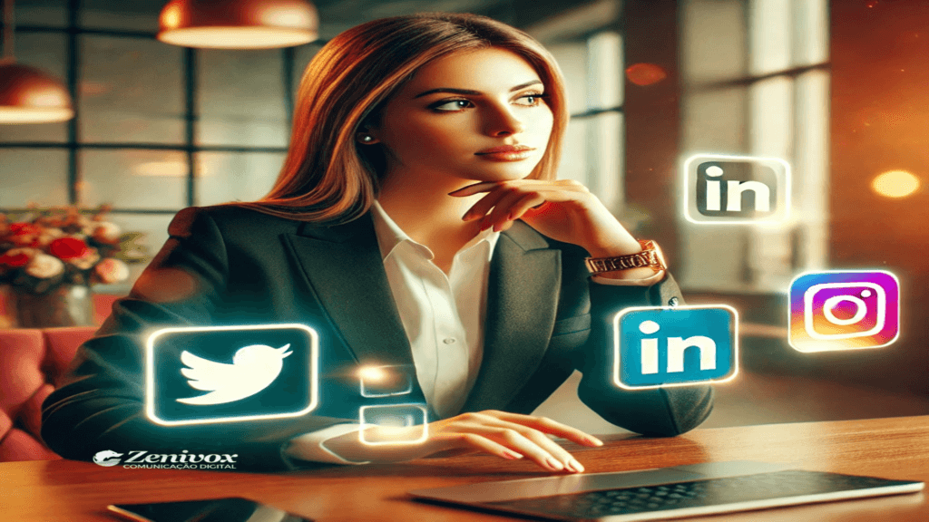 Uma empresária contemplativa avalia estratégias de marketing jurídico, representadas pelos ícones das redes sociais LinkedIn, Instagram e WhatsApp flutuando à sua frente, simbolizando canais relevantes para técnicas de marketing jurídico omnichannel