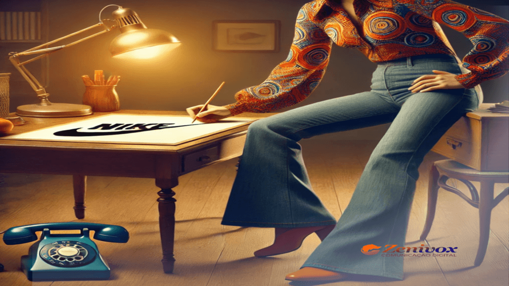 Uma cena retrô representando o momento da criação do icônico símbolo da Nike, o swoosh. Uma jovem estudante de design, com trajes vibrantes da época, desenha em uma mesa iluminada por um abajur vintage, destacando o processo criativo que originou o logotipo fluido, simbolizando movimento e dinamismo.