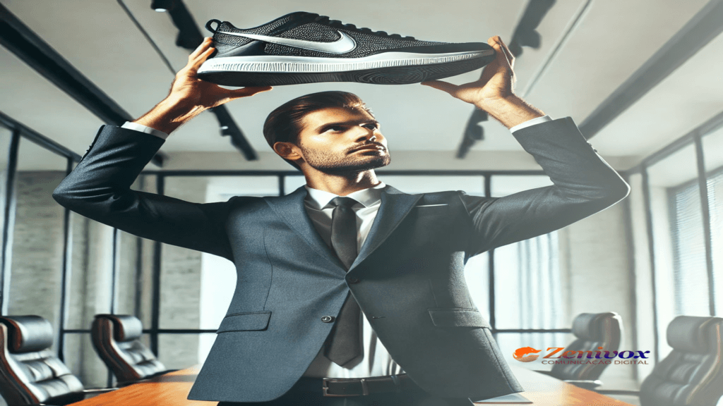 Um empresário confiante em um ambiente corporativo ergue um tênis Nike, simbolizando a admiração e a inspiração nas lições de uma das maiores marcas do mundo, como movimento, inovação e visão empreendedora.