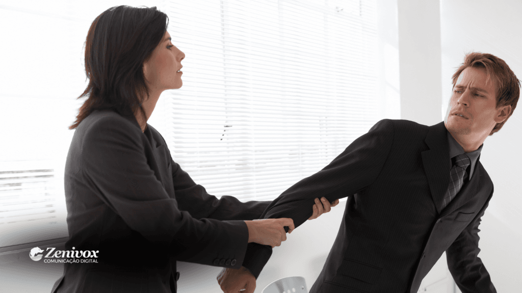 Imagem de uma mulher segurando o braço de um homem, que demonstra resistência e desconforto. A cena sugere uma abordagem forçada, ilustrando o erro de pressão dos clientes a darem feedbacks ou avaliações.