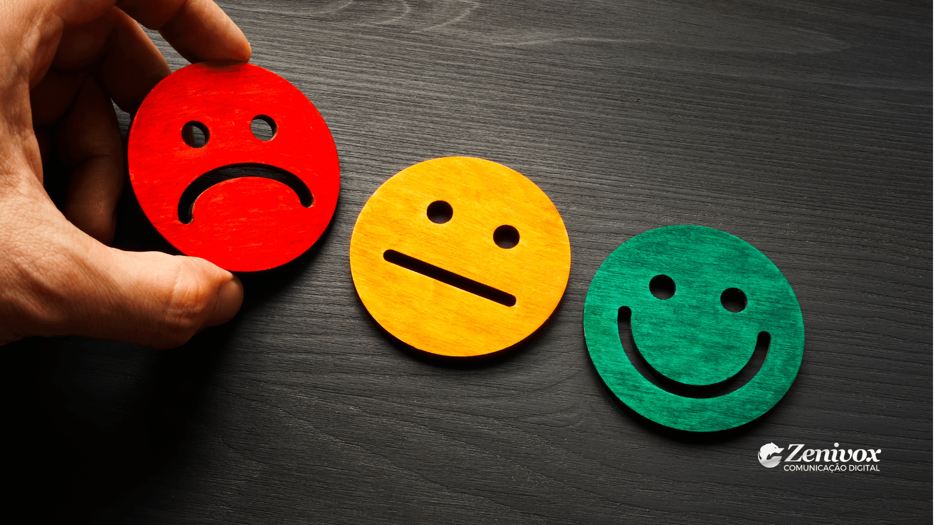 Imagem de três rostos em cores diferentes representando emoções: um rosto triste em vermelho, um neutro em amarelo e um sorridente em verde, simbolizando como pedir avaliações para clientes. Um detalhe adicional é uma mão movendo o rosto vermelho, apontando uma mudança de perspectiva.