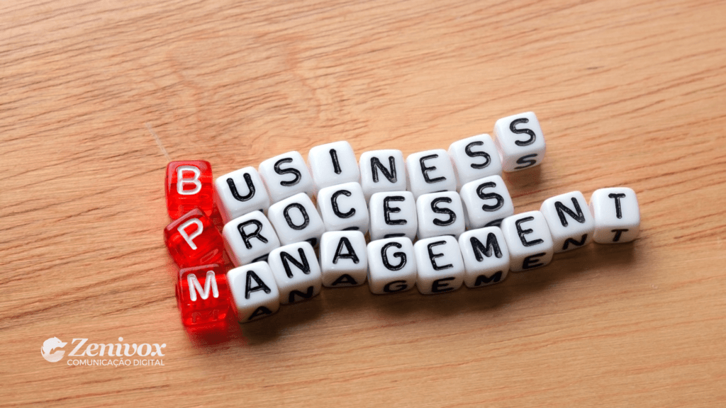 Cubos brancos e vermelhos formam as palavras "Business Process Management" (BPM), representando a gestão de processos empresariais. O logo da Zenivox Comunicação Digital aparece no canto inferior esquerdo.