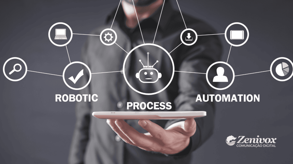 Imagem ilustrativa mostrando uma pessoa com uma mão segura um digital. Sobreposto à imagem, ícones representam conceitos relacionados à tecnologia e automação, incluindo engrenagens, gráficos, e um robô no centro. As palavras 'Robotic', 'Process' e 'Automation' estão conectadas aos ícones, simbolizando a integração de processos automatizados. No canto inferior direito, o logotipo da Zenivox Comunicação Digital está presente.