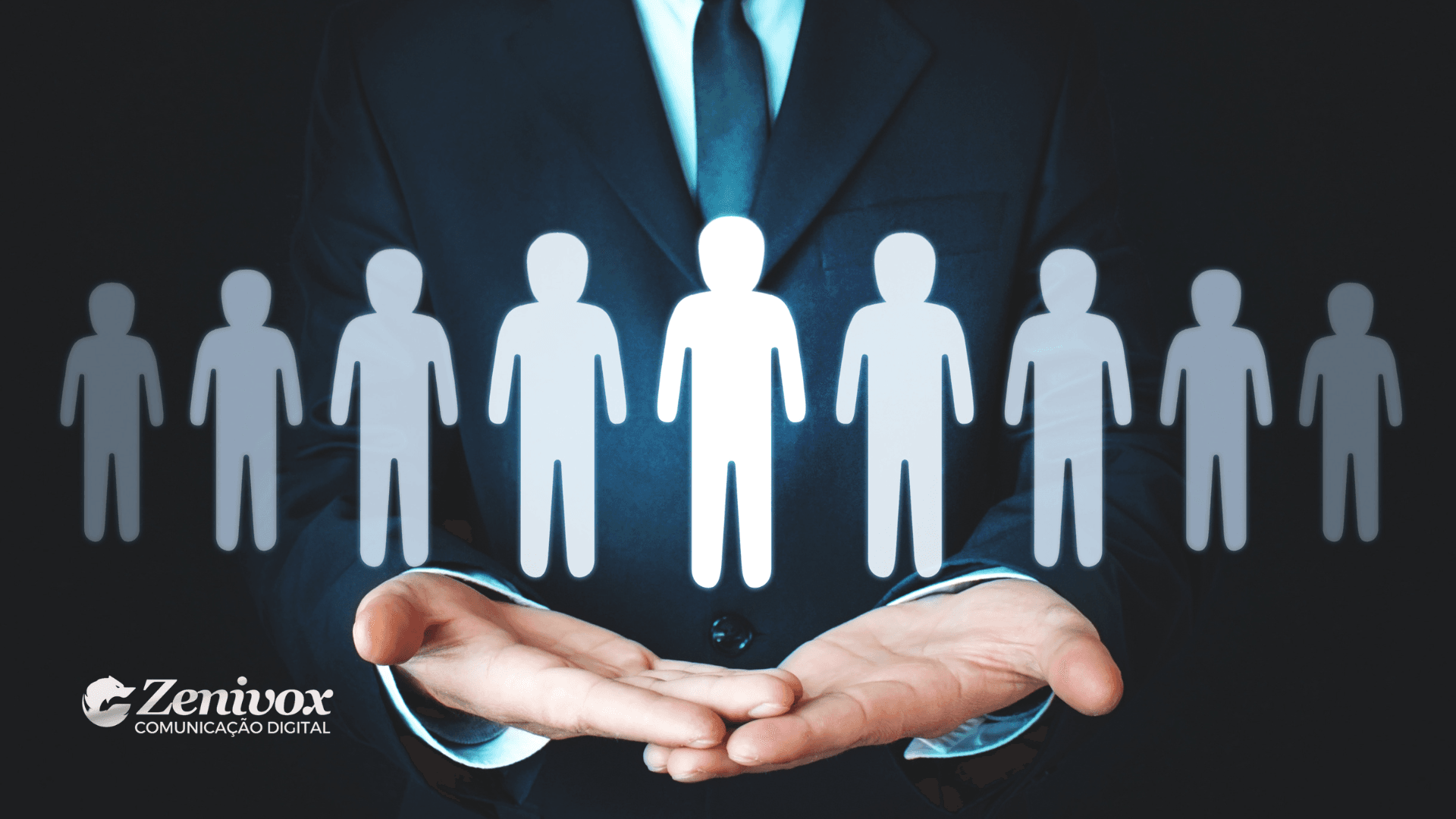 Executivo em terno segurando figuras de pessoas iluminadas em destaque, simbolizando a importância da gestão de tráfego para captar e converter leads qualificados. Logotipo da Zenivox no canto inferior esquerdo da imagem.