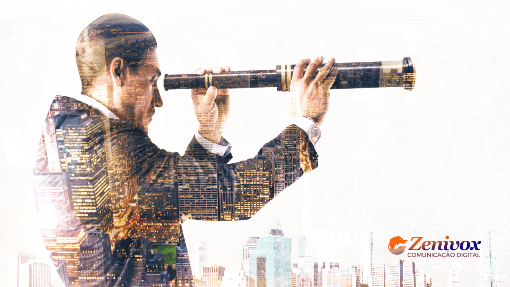 Homem de negócios com um telescópio em mãos, olhando ao longo, simbolizando visão estratégica. A imagem sobrepõe um cenário urbano com arranhões iluminados, destacando a conexão entre a visão de negócios e o crescimento empresarial. No canto inferior direito, o logotipo da Zenivox Comunicação Digital aparece discretamente.