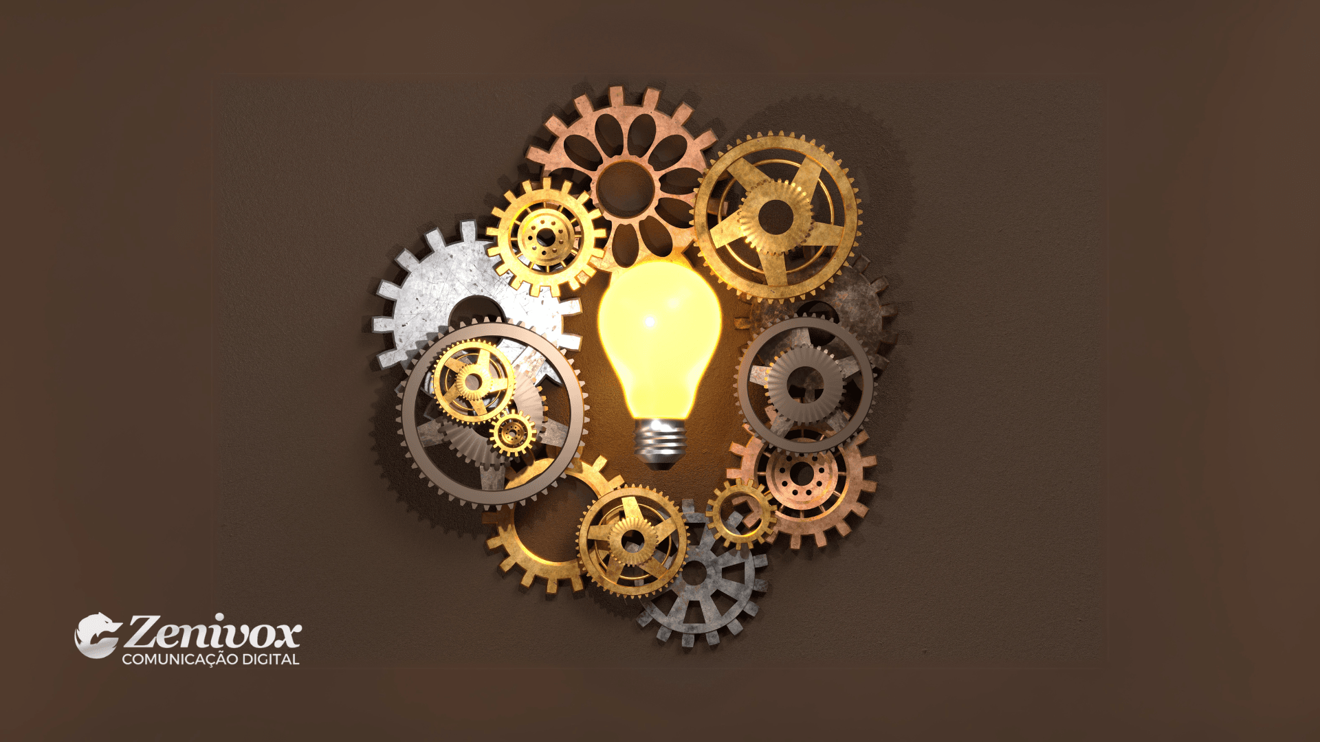 Engrenagens interligadas de diferentes tamanhos e materiais girando em harmonia, simbolizando o conceito de integração e eficiência dos processos. Ao centro, uma lâmpada acesa representa inovação e ideias no gerenciamento de processos. No canto inferior esquerdo, o logotipo da Zenivox Comunicação Digital reforça a marca.