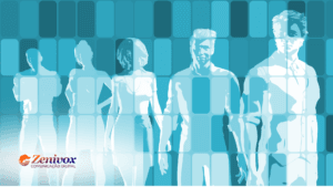 Imagem abstrata com silhuetas de cinco pessoas em tons de azul, sobre um fundo geométrico composto por blocos retangulares. No canto inferior esquerdo, o logotipo da Zenivox Comunicação Digital se destaca com um gradiente laranja e roxo, contrastando com a paleta fria da imagem. A ilustração transmite a ideia de identidade, conexão e arquétipos de marca, representando diferentes perfis de público e suas personalidades.