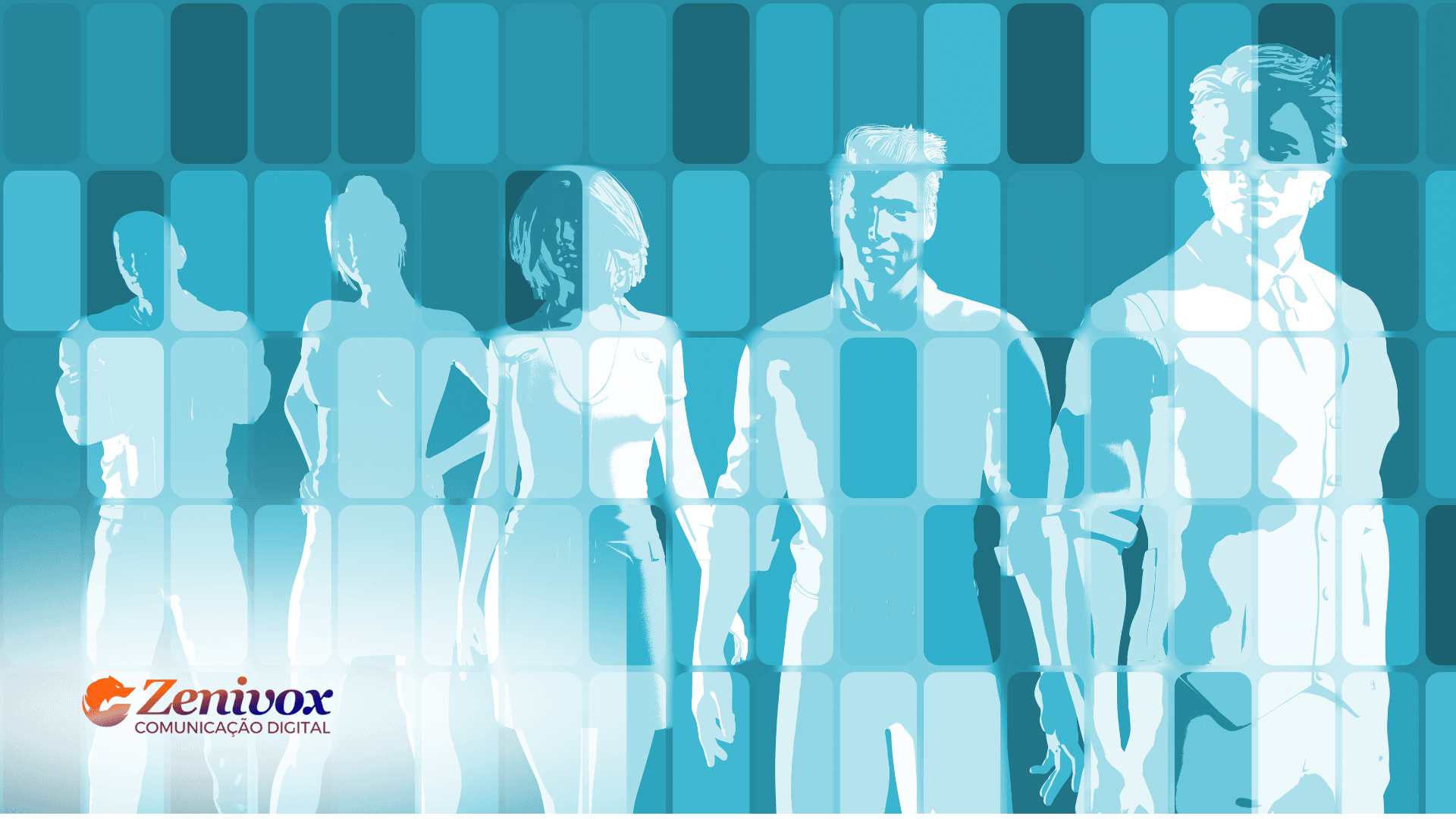Imagem abstrata com silhuetas de cinco pessoas em tons de azul, sobre um fundo geométrico composto por blocos retangulares. No canto inferior esquerdo, o logotipo da Zenivox Comunicação Digital se destaca com um gradiente laranja e roxo, contrastando com a paleta fria da imagem. A ilustração transmite a ideia de identidade, conexão e arquétipos de marca, representando diferentes perfis de público e suas personalidades.