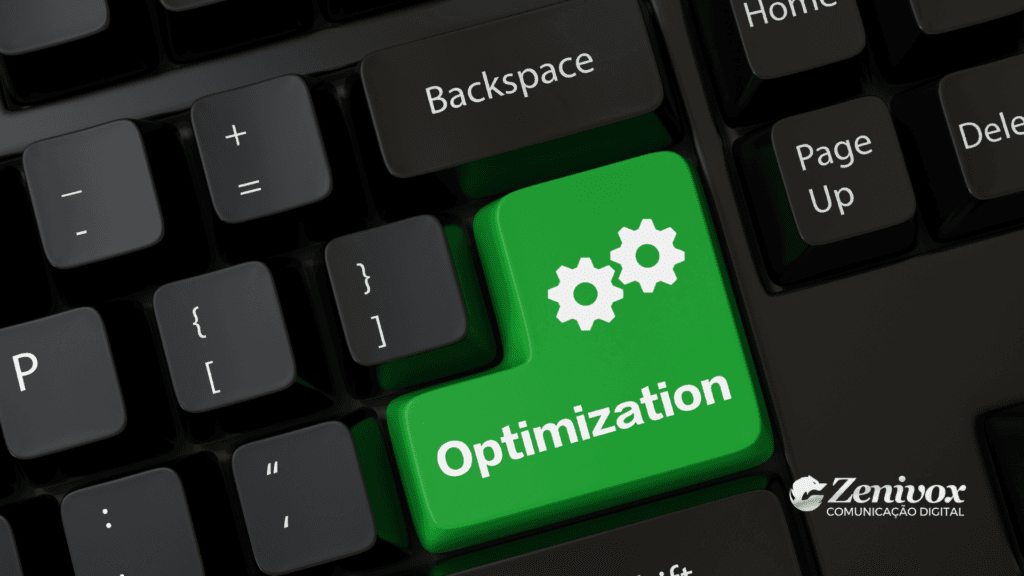Teclado preto com uma tecla verde destacada, onde está escrito "Optimization" acompanhado de ícones de especificação. A imagem representa o conceito de otimização de conversão. O logotipo da Zenivox Comunicação Digital está posicionado no canto inferior direito.