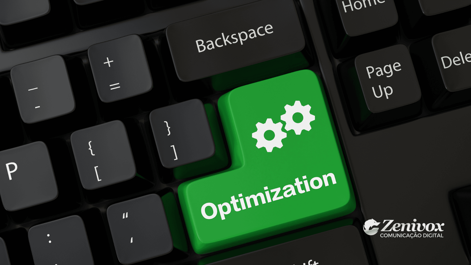 Teclado preto com uma tecla verde destacada, onde está escrito "Optimization" acompanhado de ícones de especificação. A imagem representa o conceito de otimização de conversão. O logotipo da Zenivox Comunicação Digital está posicionado no canto inferior direito.