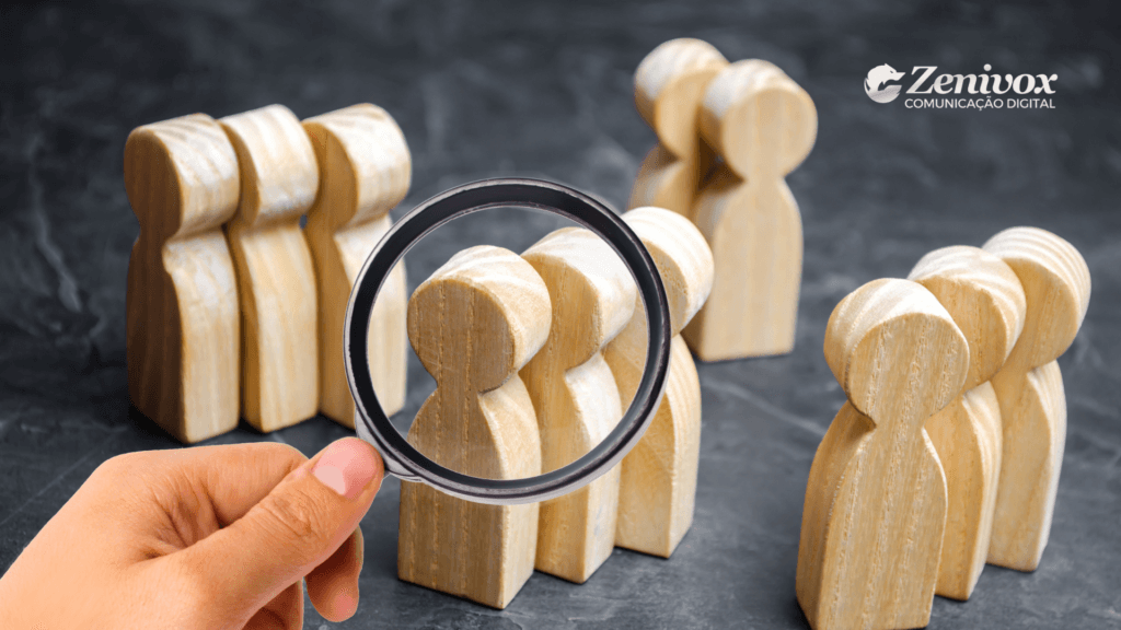 Uma lupa destacando um grupo de figuras de madeira representando pessoas, enquanto outros grupos estão ao fundo. A imagem simboliza a segmentação de mercado, destacando a importância de focar no público certo para aumentar a eficácia das vendas. Logotipo da Zenivox no canto superior direito.