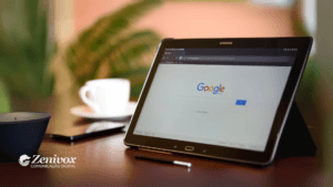 Tablet Samsung exibindo a página inicial do Google, apoiado sobre uma mesa ao lado de um smartphone, uma xícara de café e uma vela decorativa. No canto inferior esquerdo, o logo da Zenivox Comunicação Digital está visível. Imagem representando inovação e desenvolvimento de produtos digitais.