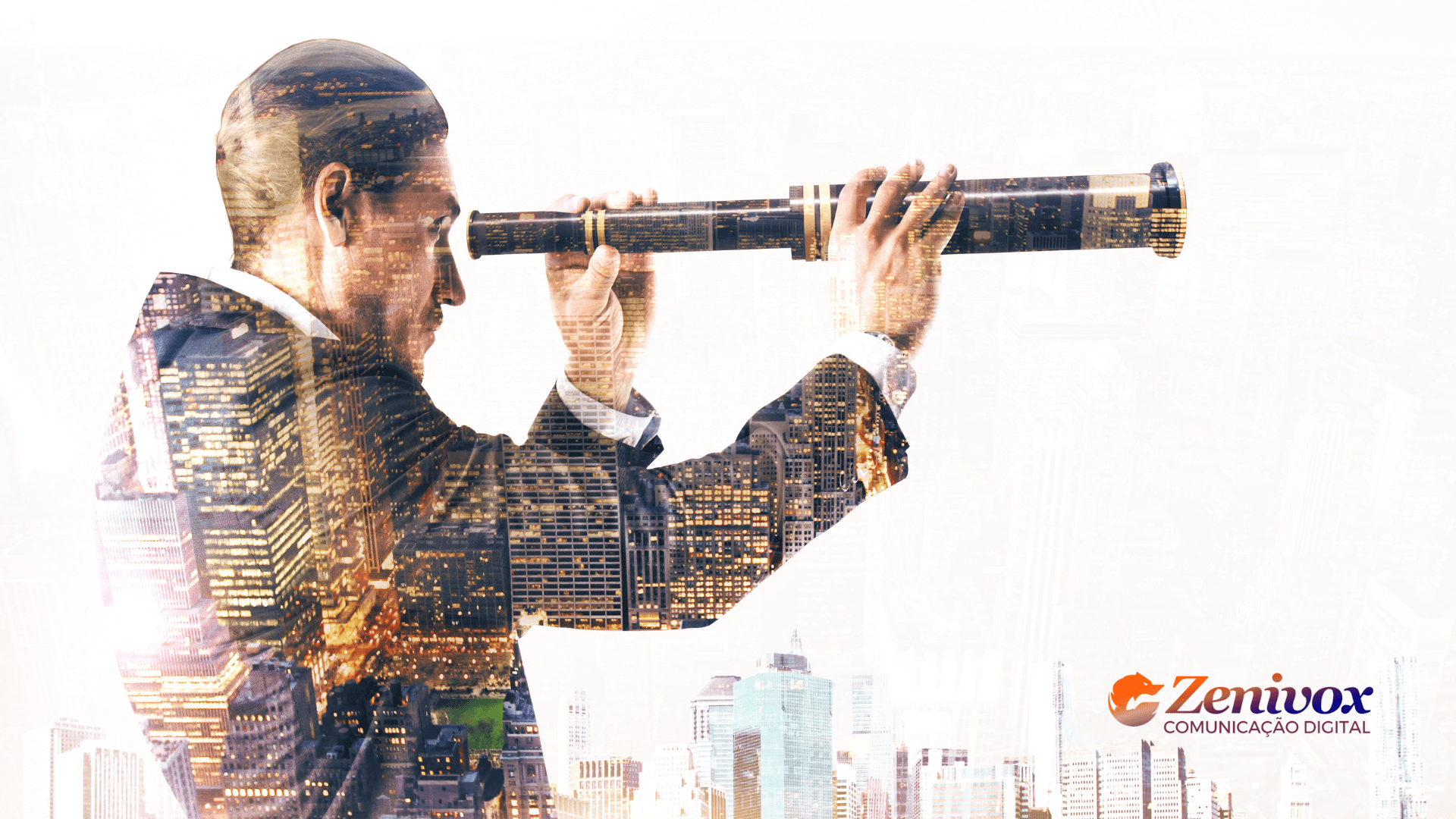 Homem de negócios com um telescópio em mãos, olhando ao longo, simbolizando visão estratégica. A imagem sobrepõe um cenário urbano com arranhões iluminados, destacando a conexão entre a visão de negócios e o crescimento empresarial. No canto inferior direito, o logotipo da Zenivox Comunicação Digital aparece discretamente.