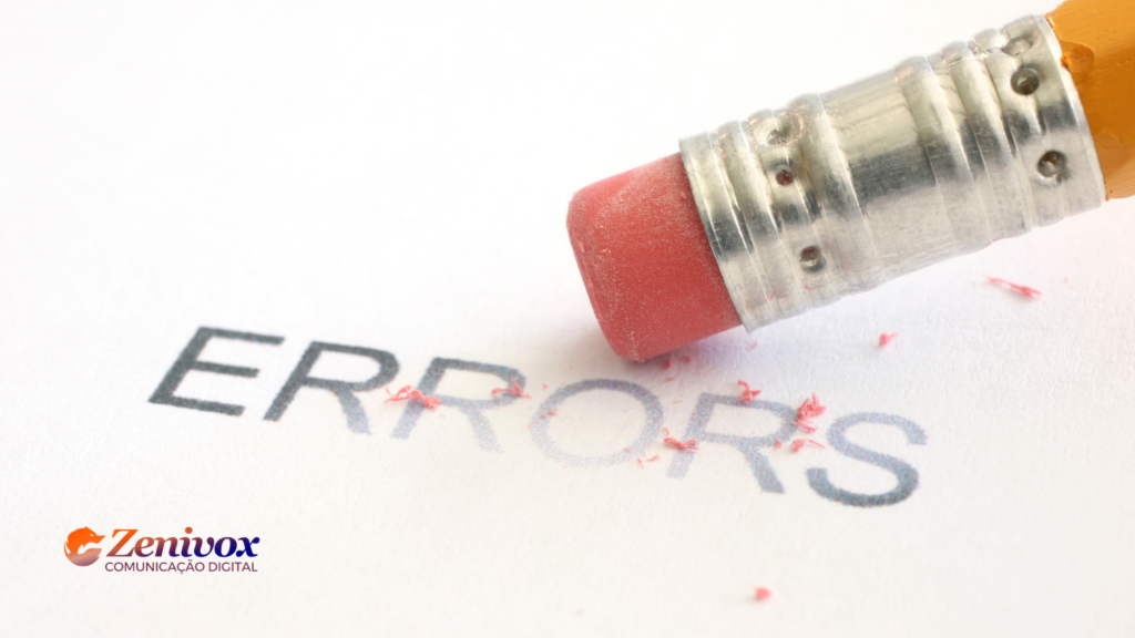 Imagem de uma borracha apagando a palavra "Errors" (Erros), simbolizando a correção de falhas ou erros na gestão processual. O logotipo da Zenivox está presente no canto inferior esquerdo.