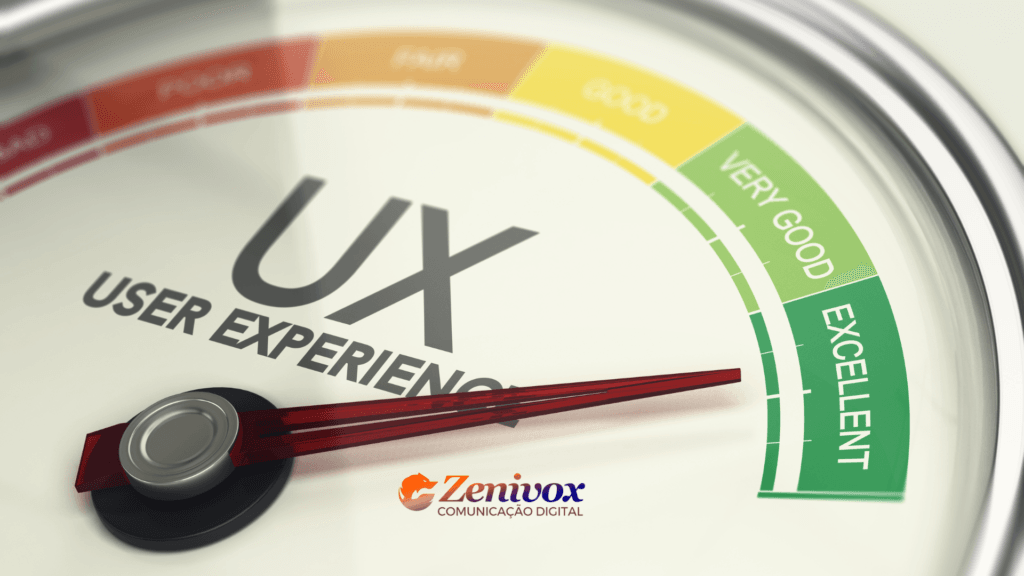 Indicador de medição da experiência do usuário (UX), mostrando uma escala que vai de "Poor" (ruim) até "Excellent" (excelente). O ponteiro está posicionado na área "Excellent", simbolizando uma experiência de alta qualidade. No canto inferior direito, está o logotipo da Zenivox Comunicação Digital.