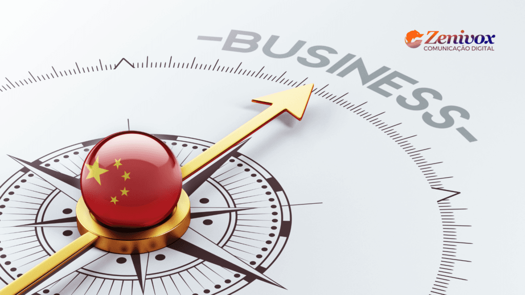 Imagem de uma bússola com uma esfera vermelha estampada com a bandeira da China, direcionando para a palavra "Negócios". A imagem simboliza o direcionamento estratégico e a visão global do modelo de negócios chinês , como exemplificado pela DeepSeek.