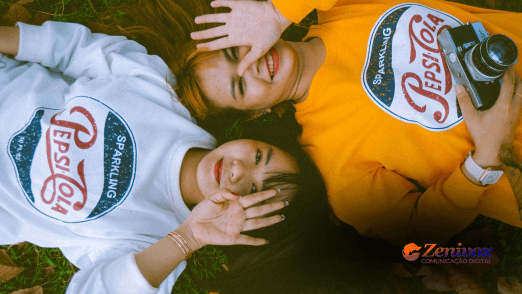 Duas jovens deitadas na grama, sorrindo e cobrindo parcialmente o rosto com as mãos em um gesto descontraído. Ambas vestem moletom com o icônico logo vintage da Pepsi, transmitindo um estilo nostálgico e autêntico. Uma delas segura uma câmera analógica, reforçando a ideia de capturar momentos e experiências. O logotipo da Zenivox Comunicação Digital aparece no canto inferior direito da imagem.