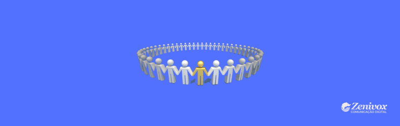 Imagem representando o estilo de gestão participativa. Um grupo de figuras humanas dispostas em círculo, de mãos dadas, simboliza a colaboração, a tomada de decisão conjunta e a valorização da equipe. Uma figura dourada se destaca, representando a liderança que incentiva a participação ativa.