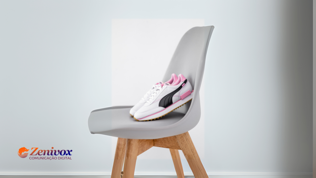 Tênis Puma branco com detalhes em preto e rosa, cuidadosamente exposto sobre uma cadeira minimalista em um ambiente de estúdio, refletindo a presença global da marca e sua estratégia de distribuição ampla e eficaz.