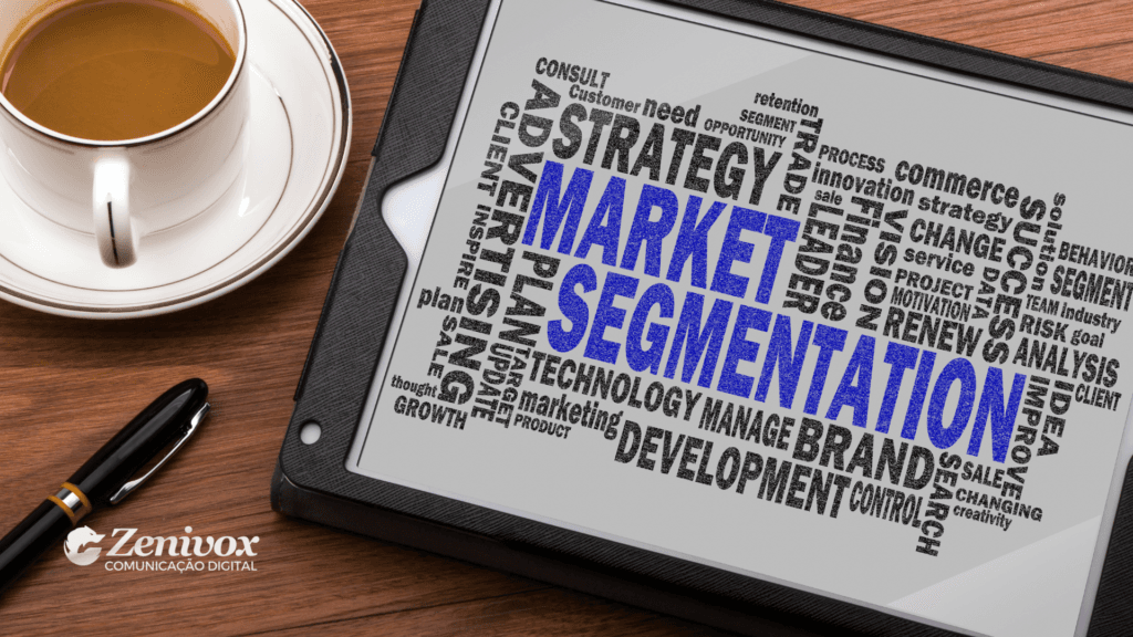 Tablet exibindo uma nuvem de palavras relacionadas a "Market Segmentation" (Segmentação de Mercado), incluindo termos como estratégia, publicidade, desenvolvimento e marca. Ao lado do tablet, há uma xícara de café e uma caneta sobre uma mesa de madeira, simbolizando planejamento estratégico e análise de mercado. O logotipo da Zenivox está localizado no canto inferior esquerdo.