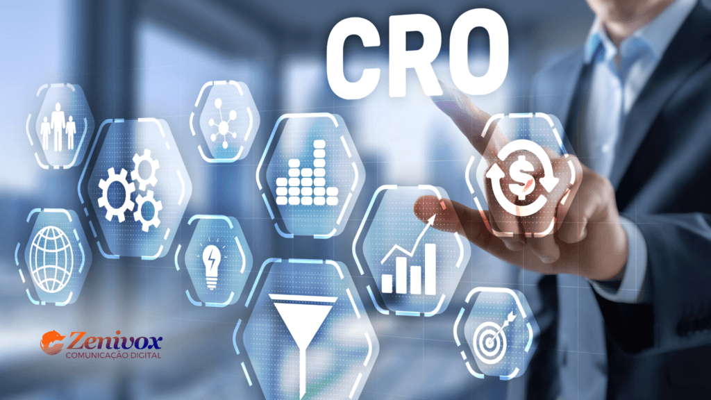 Profissional de negócios tocando em uma interface digital holográfica com ícones representando otimização, automação e análise de dados. O termo “CRO” (Conversion Rate Optimization) está em destaque, simbolizando estratégias para aumentar a conversão digital.