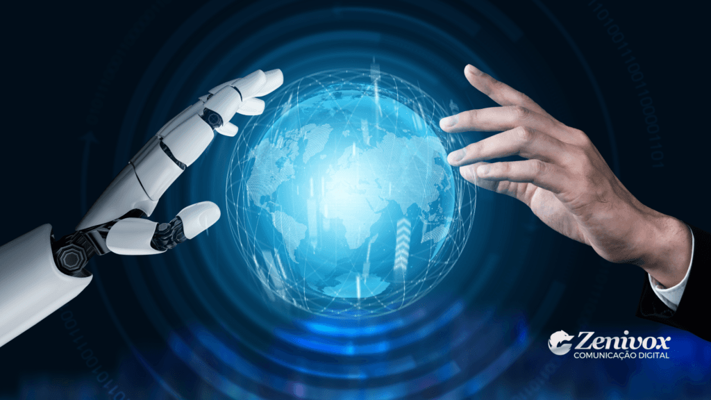 Mãos estendidas, uma humana e outra robótica, em direção a um globo digital, simbolizando a integração entre tecnologia e fontes de dinheiro. A imagem representa a estratégia da DeepSeek.