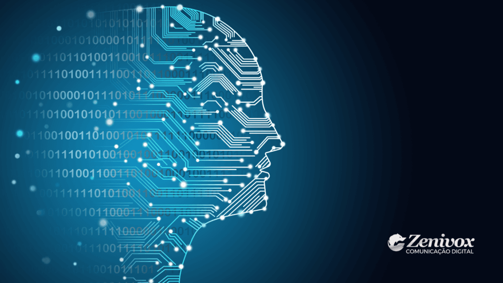 Ilustração de um perfil humano formado por circuitos digitais, simbolizando a inovação tecnológica por trás do modelo DeepSeek-R1, utilizado no lançamento do primeiro aplicativo de chatbot gratuito para iOS e Android em janeiro de 2025.