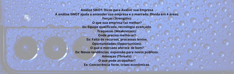 Fundo com textura de gotas d'água sobre um smartphone, destacando três câmeras traseiras. No centro da imagem, um texto explicativo sobre a Análise SWOT, abordando forças, fraquezas, oportunidades e ameaças para avaliar a posição de uma empresa no mercado.