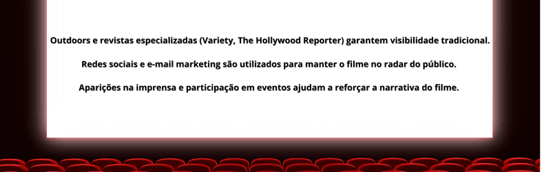 Tela de cinema exibindo um texto sobre o uso de multicanais na promoção de filmes durante a corrida pelo Oscar, destacando estratégias como outdoors, redes sociais, e-mails e presença na imprensa.