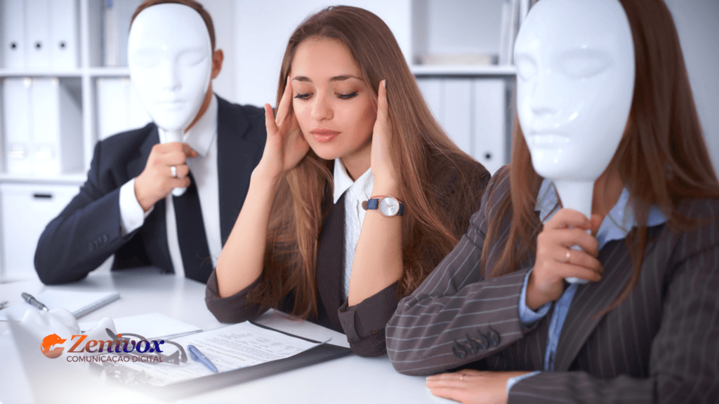 Imagem de uma mulher com expressão de preocupação em uma reunião. Ao seu redor, outros participantes usam máscaras brancas, simbolizando falta de transparência e engajamento no ambiente de trabalho por causa de um erro na gestão processual. O logotipo da Zenivox está presente no canto inferior esquerdo.