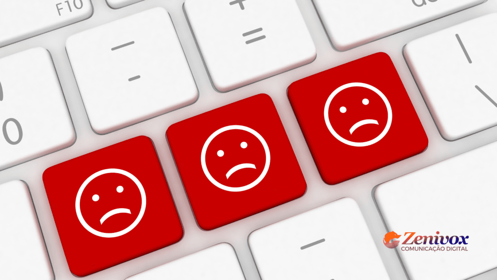 Imagem de teclas de um teclado com ícones de rostos tristes em vermelho, simbolizando frustração ou falhas pelo não uso de tecnologia. O logotipo da Zenivox aparece no canto inferior direito.