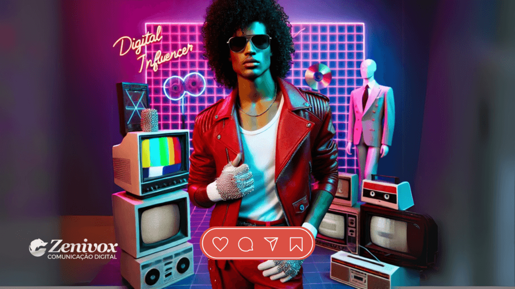Imagem estilizada de um influenciador digital inspirado na estética dos anos 80, vestindo uma jaqueta vermelha icônica, óculos escuros e luvas brilhantes. O fundo neon traz elementos retrô, como televisões antigas, discos e um manequim de terno, remetendo à influência midiática e ao poder das campanhas de marketing. O logotipo da Zenivox Comunicação Digital está posicionado no canto inferior esquerdo, reforçando a identidade visual da marca.