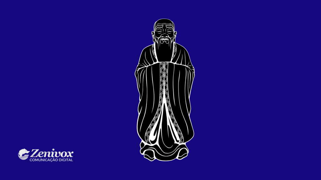Ilustração minimalista de um sábio de longas barbas e vestes tradicionais, simbolizando o arquétipo do Sábio. O fundo azul escuro realça a figura em preto e branco, transmitindo uma sensação de conhecimento, reflexão e autoridade. No canto inferior esquerdo, o logotipo da Zenivox Comunicação Digital reforça a identidade visual.