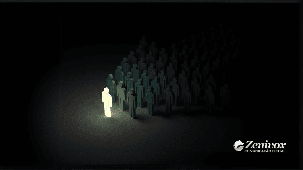 Ilustração conceitual sobre jeitos de liderança. Uma figura iluminada se destaca na frente de um grupo de figuras escuras, representando liderança e diferentes abordagens de gerenciamento.