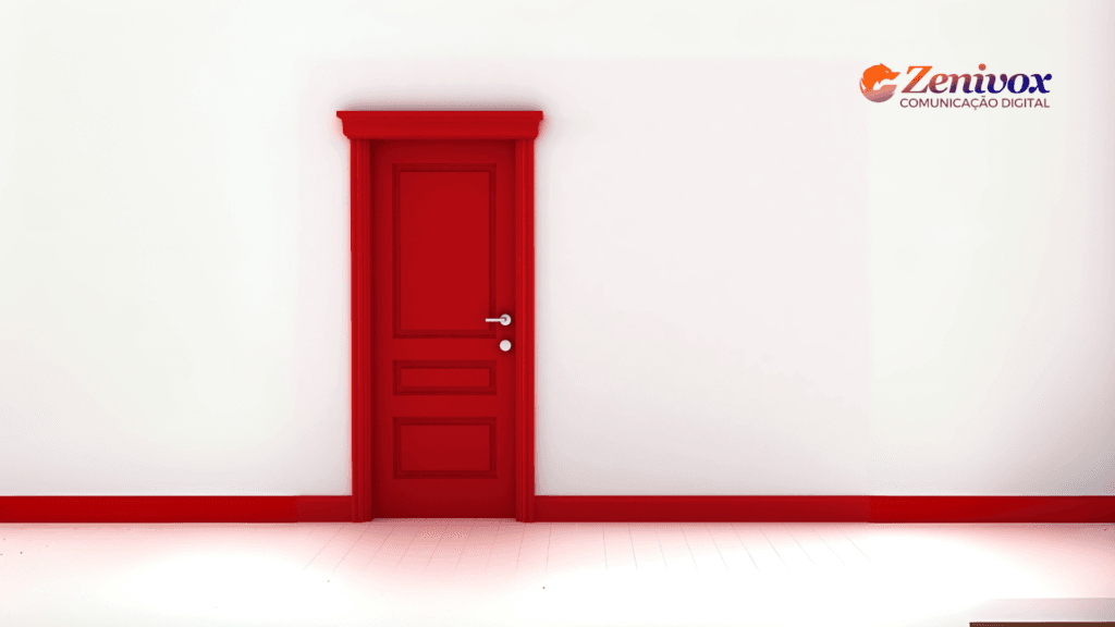 Uma porta vermelha fechada em um ambiente branco minimalista, simbolizando as técnicas de negociação "Porta na Cara". No canto superior direito, o logo da Zenivox Comunicação Digital está presente, reforçando a identidade visual da marca.