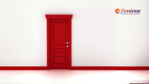 Uma porta vermelha fechada em um ambiente branco minimalista, simbolizando as técnicas de negociação "Porta na Cara". No canto superior direito, o logo da Zenivox Comunicação Digital está presente, reforçando a identidade visual da marca.
